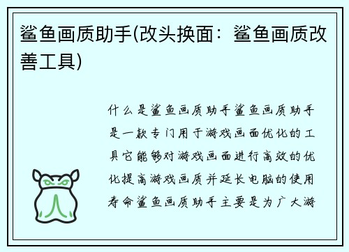 鲨鱼画质助手(改头换面：鲨鱼画质改善工具)